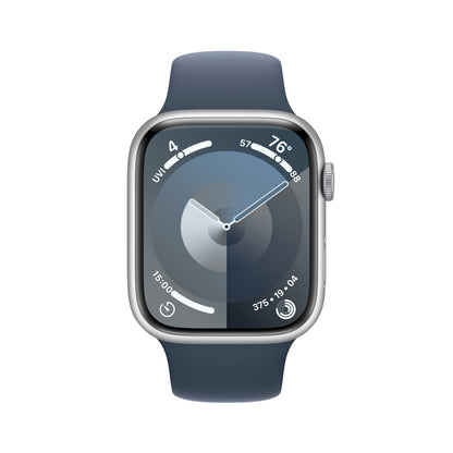 Apple Watch Series 9 (GPS + Cellular) ? 45mm Silver Aluminum Case with Storm Blue Sport Band (M/L) ? MRMH3LW/A