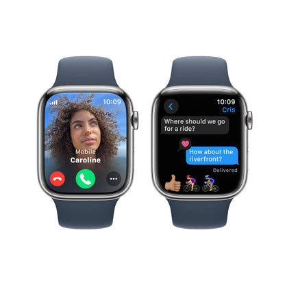 Apple Watch Series 9 GPS + Cellular 45mm Silver Stainless Case with Storm Blue Sport Band - M/L - MRMP3LL/A