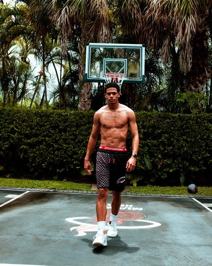 GREY CHECKERED SPLIT CORTO SWIM TRUNKS