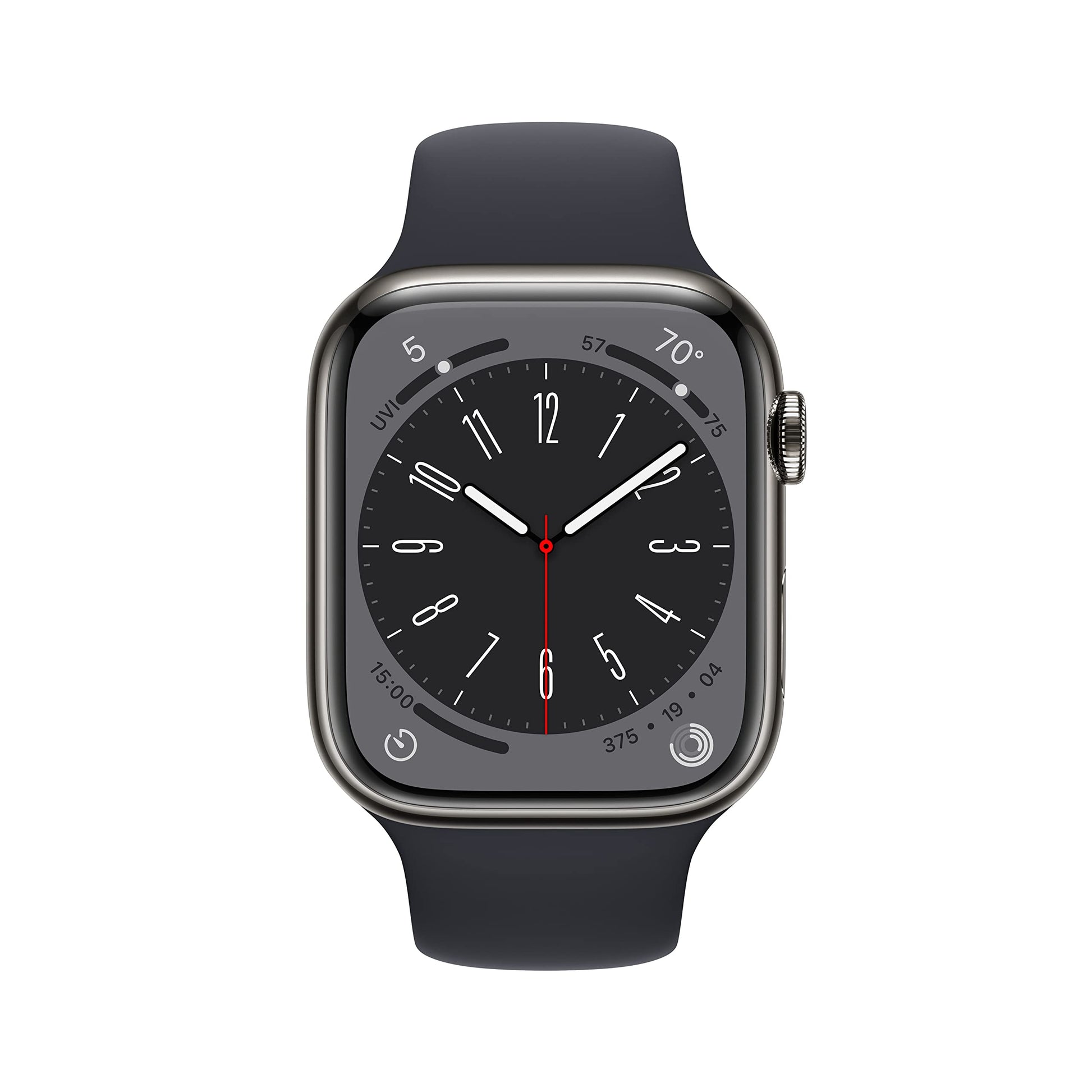 Apple Watch Series 8 GPS + Cell 45mm Graphite Stainless Steel Case w/ Midnight Sport Band - S/M - MNW13LL/A