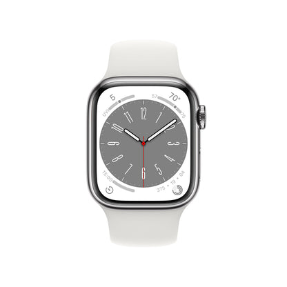Apple Watch Series 8 GPS + Cellular 41mm Silver Stainless Steel Case with White Sport Band - M/L - MNV83LL/A