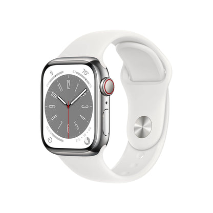 Apple Watch Series 8 (GPS + Cellular, 41mm) - Silver Stainless Steel Case with White Sport Band M/L MNV73LL/A