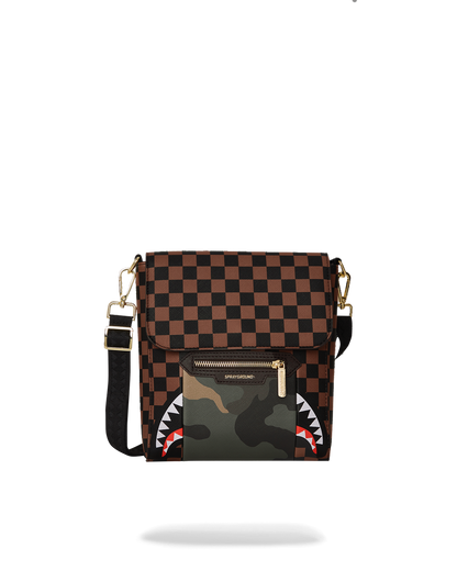 EXTERIOR GOLD ZIP POCKET SHARKS IN PARIS MESSENGER SLING BAG