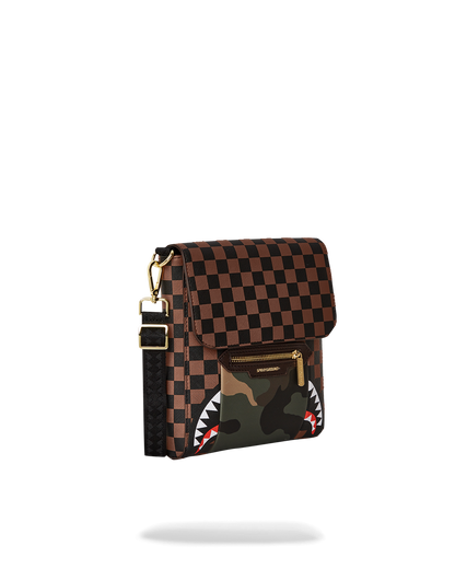 EXTERIOR GOLD ZIP POCKET SHARKS IN PARIS MESSENGER SLING BAG