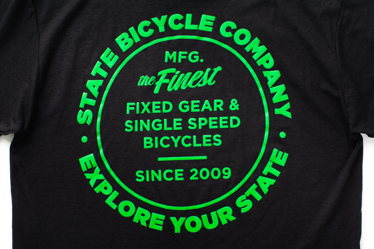 State Bicycle Co. - "Manufacturing The Finest" - Premium T-Shirt (Black / Slime-Green)