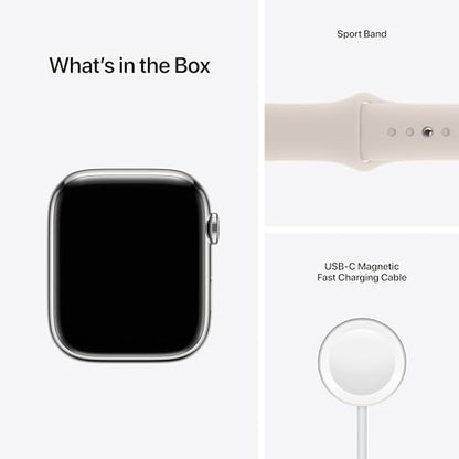 Apple Watch Series 7 (GPS + Cellular, 45MM) Silver Stainless Steel Case with Starlight Sport Band - MKJD3LL/A