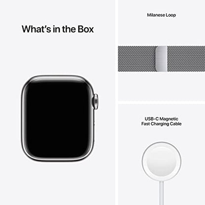Apple Watch Series 7 (GPS + Cellular, 41mm) Silver Stainless Steel Case with Silver Milanese Loop - MKHF3LL/A