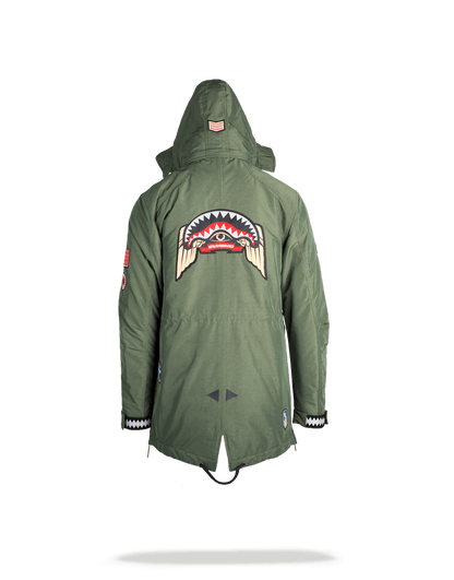 GREEN ARMY PATCHES LONG PARKA HOODY MENS (SIZE SMALL)